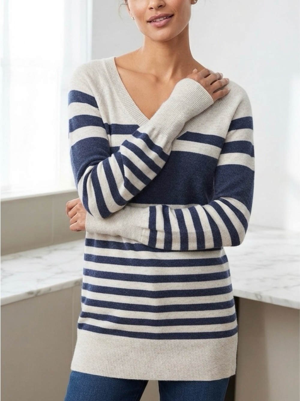 Talula Navy and Cream Striped V-Neck Sweater